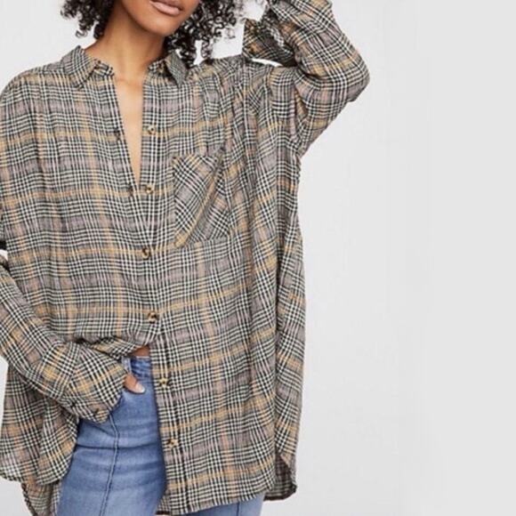 Free People Tops - Free People Break My Stride Black/White Metallic SMALL Button Up Top Oversized